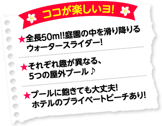 ココが楽しいヨ!★全長65m!!庭園の中を滑り降りるウォータースライダー!★それぞれ趣が異なる、5つの屋外プール♪★プールに飽きても大丈夫!ホテルのプライベートビーチあり!