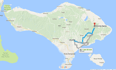 バリ島中部、ウブドからアグン山付近までの所要時間（車）約2時間程度地図