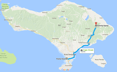 バリ島南部、クタビーチからアグン山付近までの所要時間（車）約3時間程度地図