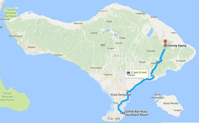 バリ島南部、ヌサドゥアからアグン山付近までの所要時間（車）約3時間半程度地図