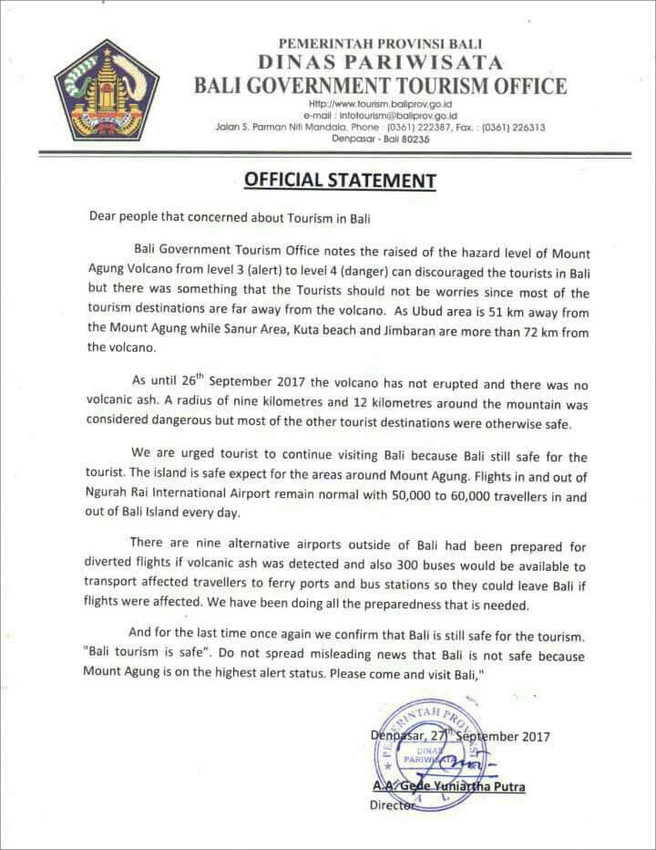 アグン山の警戒レベル引上げに関するバリ州政府観光局からの公式声明